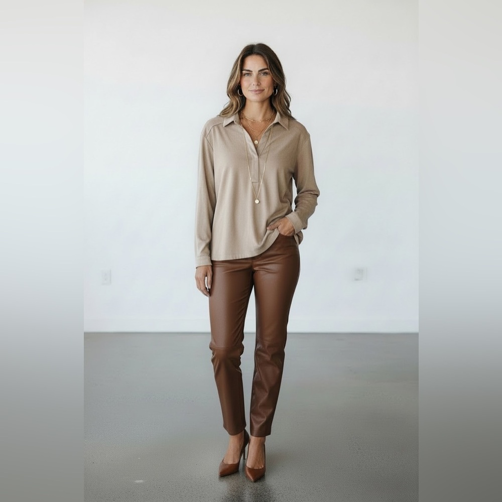 Falls Creek Faux Suede Tan Straight V Neck long sleeve size 3X NWT